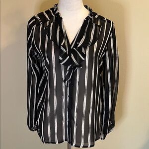 Pleione Black and White Striped Ruffle Blouse